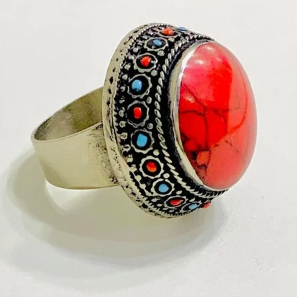 Adjustable Handmade Coral Stones Beads Round Ring, Handmade Kuchi Ring - Picture 2 of 6